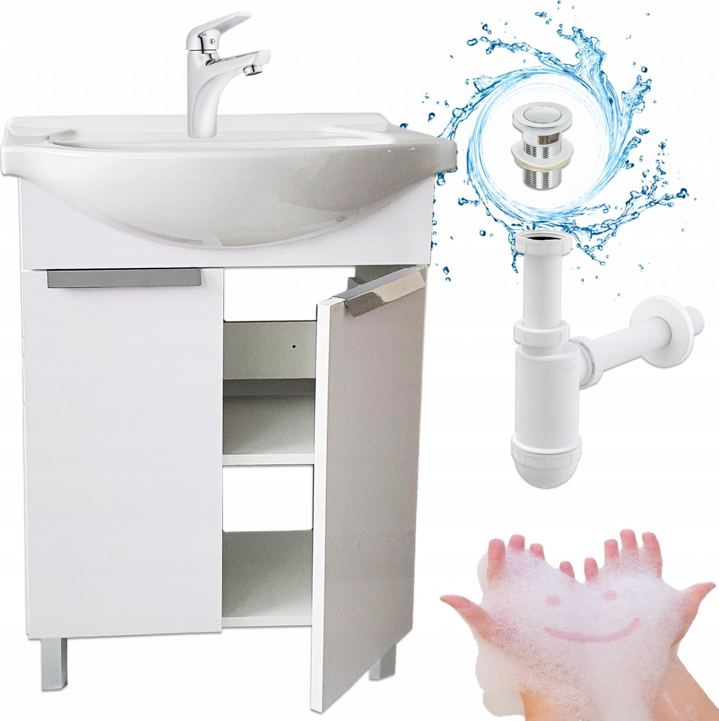 Stamar Szafka Łazienkowa Biała Umywalka Ceramiczna 60 cm Bateria Chrom Aquua Syfon