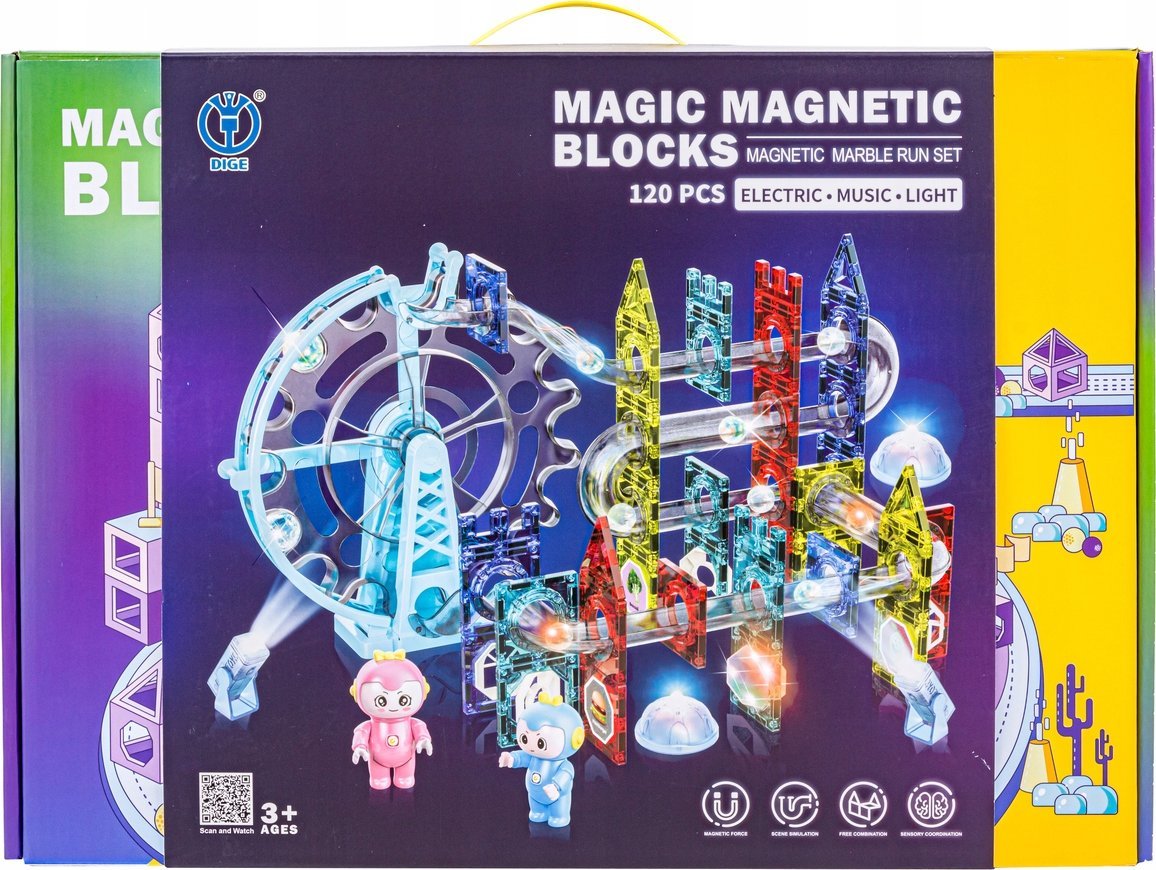 Świecące Klocki Magnetyczne, Tor Kulkowy Dla Kulek 120 Elementów Kulodrom