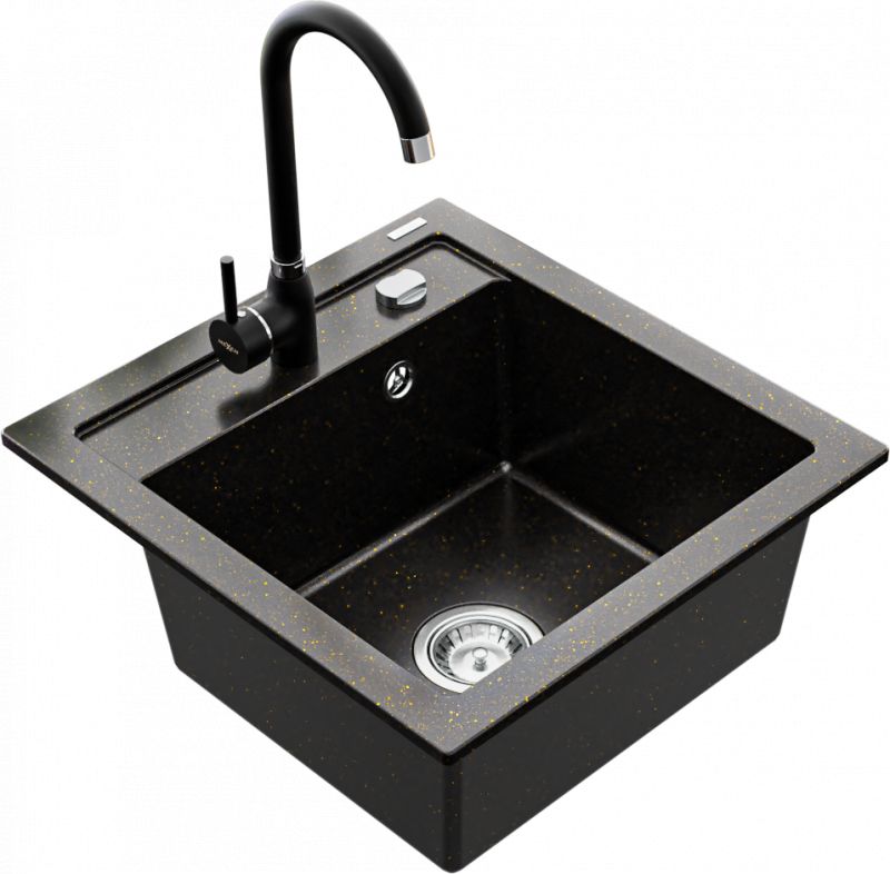 Zlewozmywak Mexen Mexen Vito zlewozmywak granitowy 1-komorowy z baterią kuchenną Telma, czarny/złoty metalik - 6503-75-670200-70