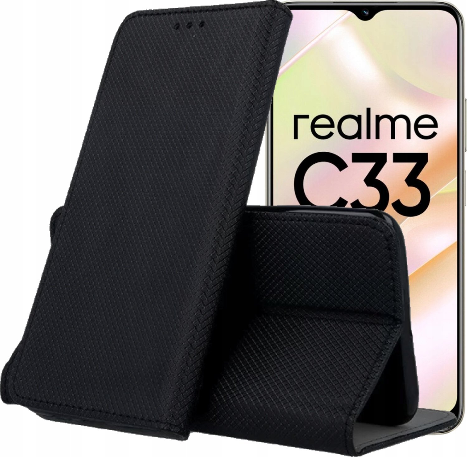 Hello Case ETUI Z KLAPKĄ DO REALME C33 CZARNE ZAMYKANE MAGNETYCZNE KABURA FUTERAŁ FLIP