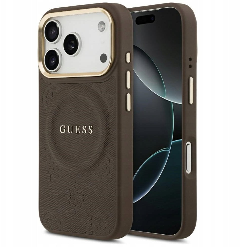 Guess Etui Peony Hot Stamp MagSafe do iPhone 17 Pro brązowy