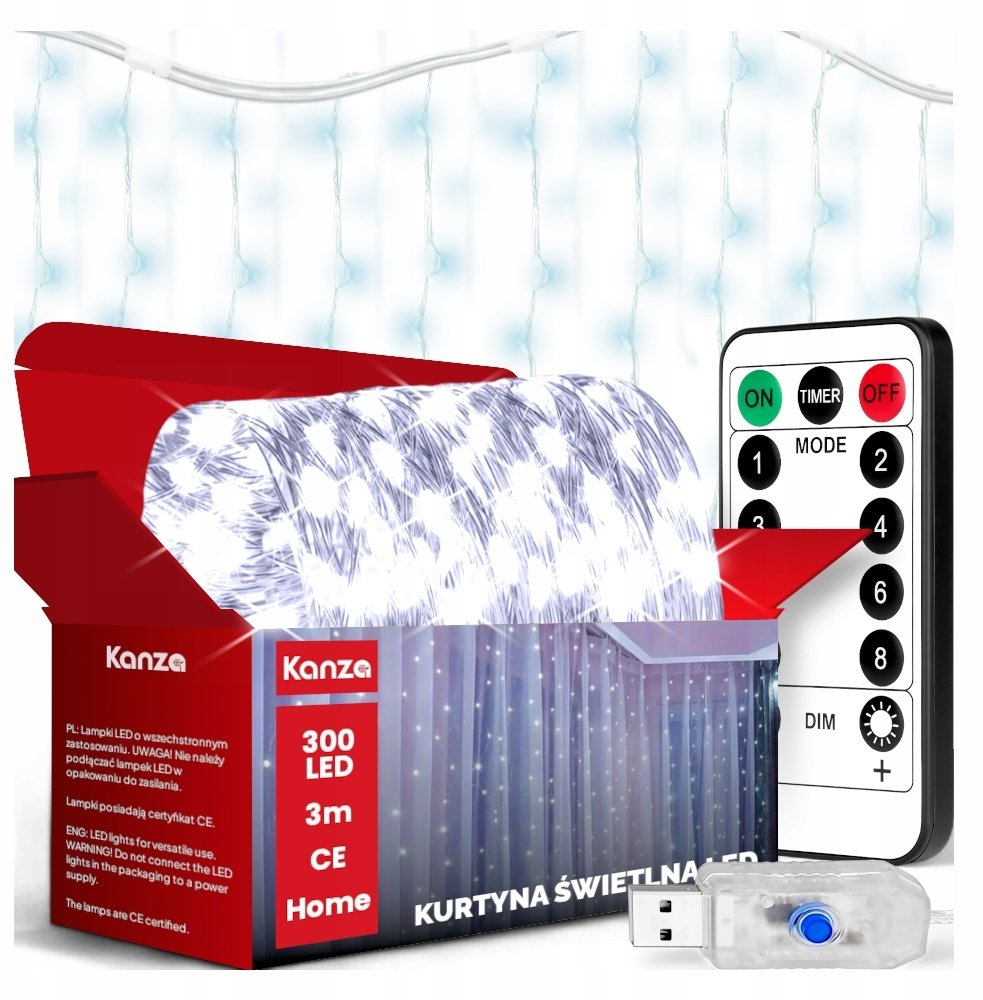 KURTYNA ŚWIETLNA NA OKNO 300 LED 3x3m KANZA