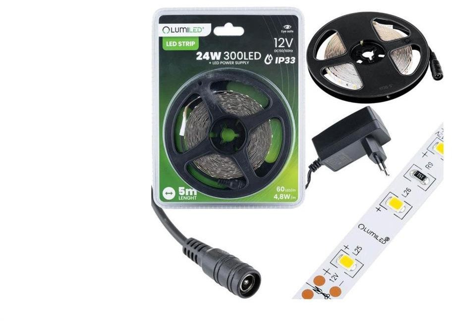 Zestaw Taśma LED Pasek 12V 24W 300LED SMD 2835 Zimna 8mm 5m + Zasilacz