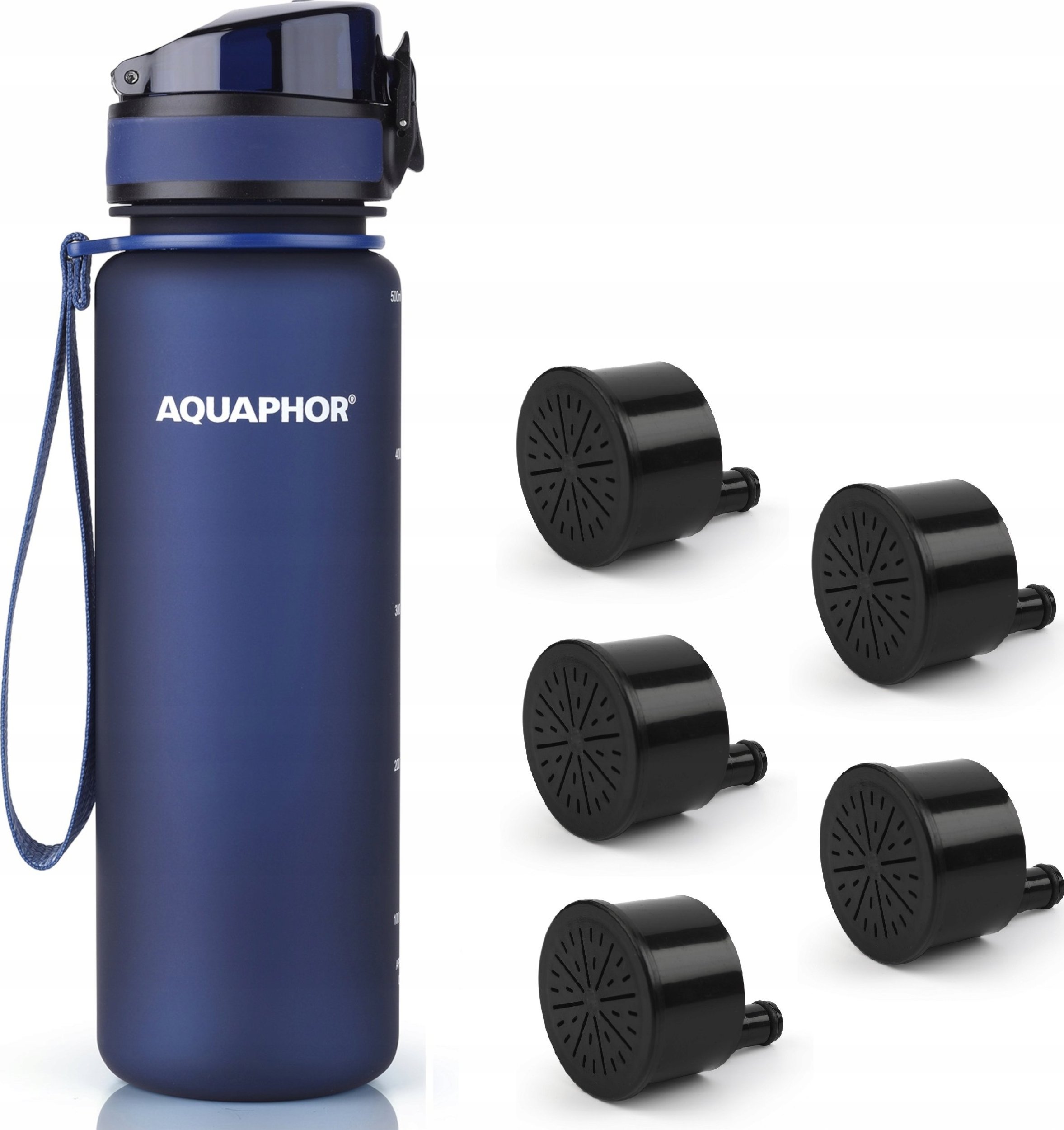 Butelka filtrująca Aquaphor City 500 ml + 5 filtrów, granatowa
