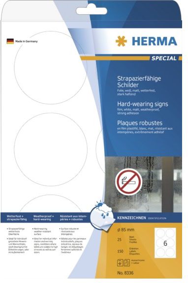 Herma Etykiety samoprzylepne z folii poliestrowej okrągłe 8336, A4, Ø 85 mm, folia matowa biała, 150 szt (8336)