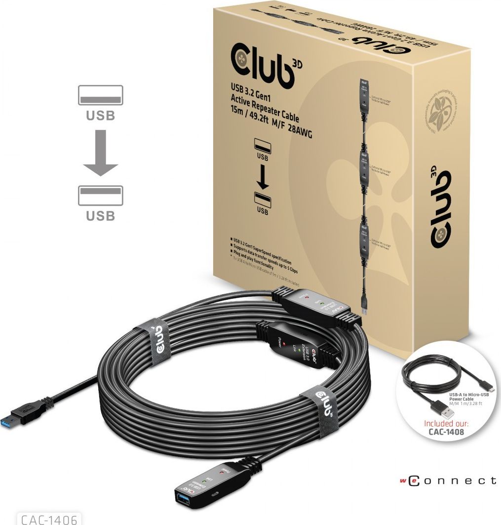 Kabel USB Club 3D USB-A - USB-A 15 m Czarny (CAC-1406)