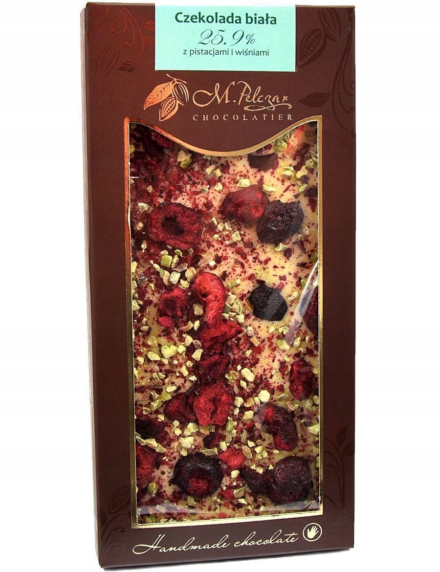 M.Pelczar Chocolatier Biała czekolada z pistacjami i wiśniami 85g