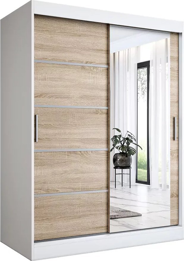 Elior Szafa przesuwna 150 cm biel + dąb sonoma - Lorenza 4X