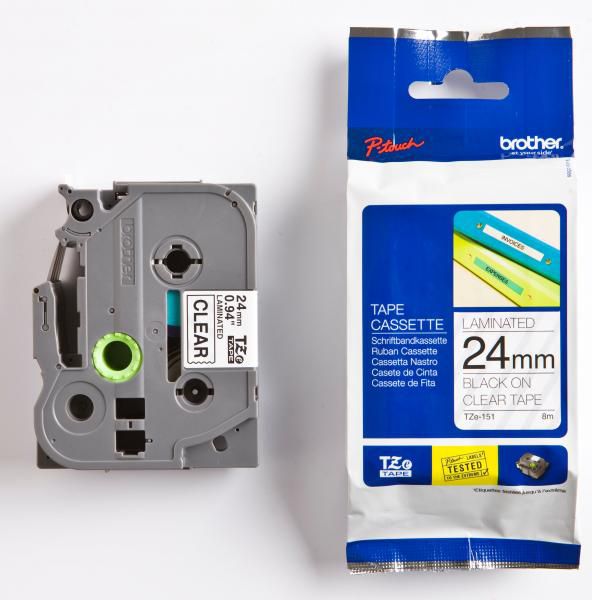 Brother Taśma do drukarek etykiet czarny druk / przezroczysty podkład laminowane 24mm x 8m (TZE151)