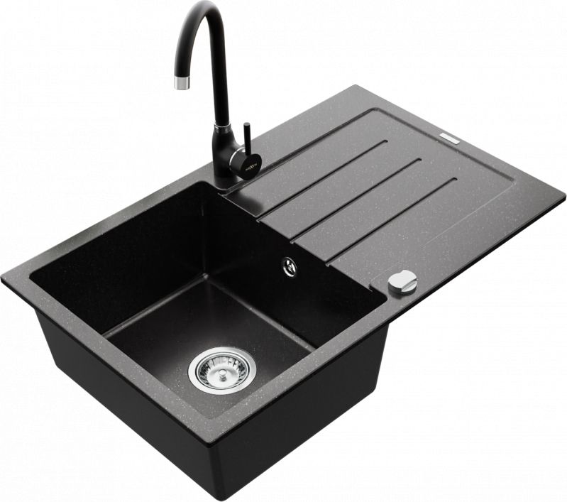 Zlewozmywak Mexen Mexen Bruno zlewozmywak granitowy 1-komorowy z ociekaczem i baterią kuchenną Telma, czarny/srebrny - 6513-73-670200-70
