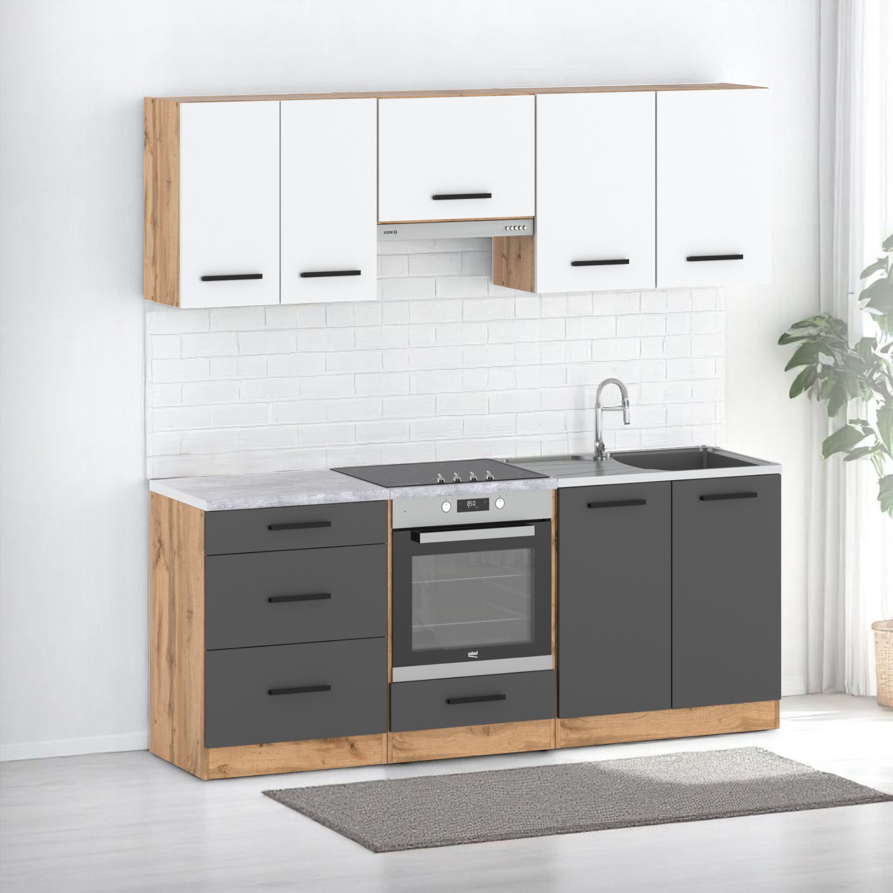 Kuchnia Nowoczesna Z Blatem Mała Modułowa 2.0m Wotan Biała Mat Szara Mat