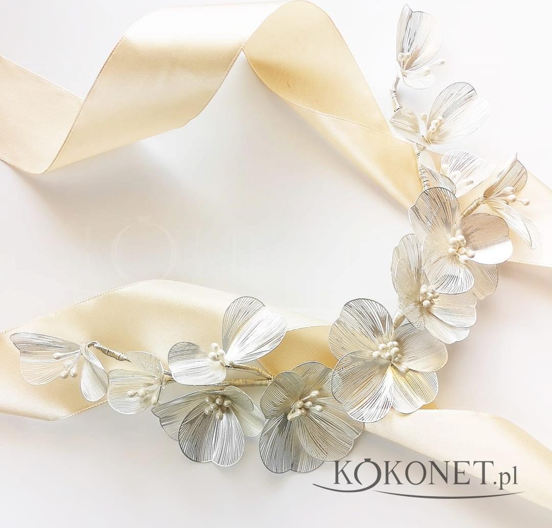 KOKONET Opaska ślubna srebrna kwiaty gałązka stroik boho
