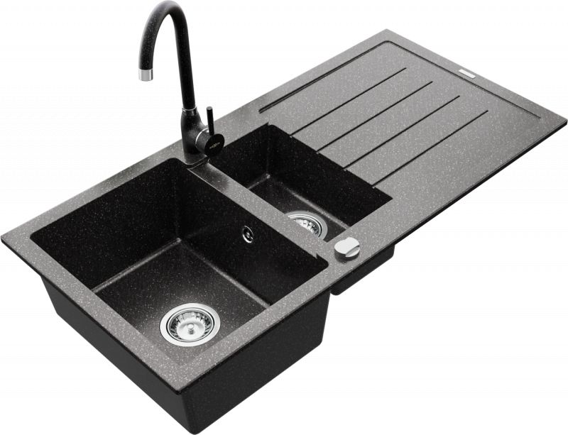 Zlewozmywak Mexen Andres granitowy 1,5-komorowy z ociekaczem i baterią kuchenną Telma, czarny nakrapiany - 6515-76-670200-76