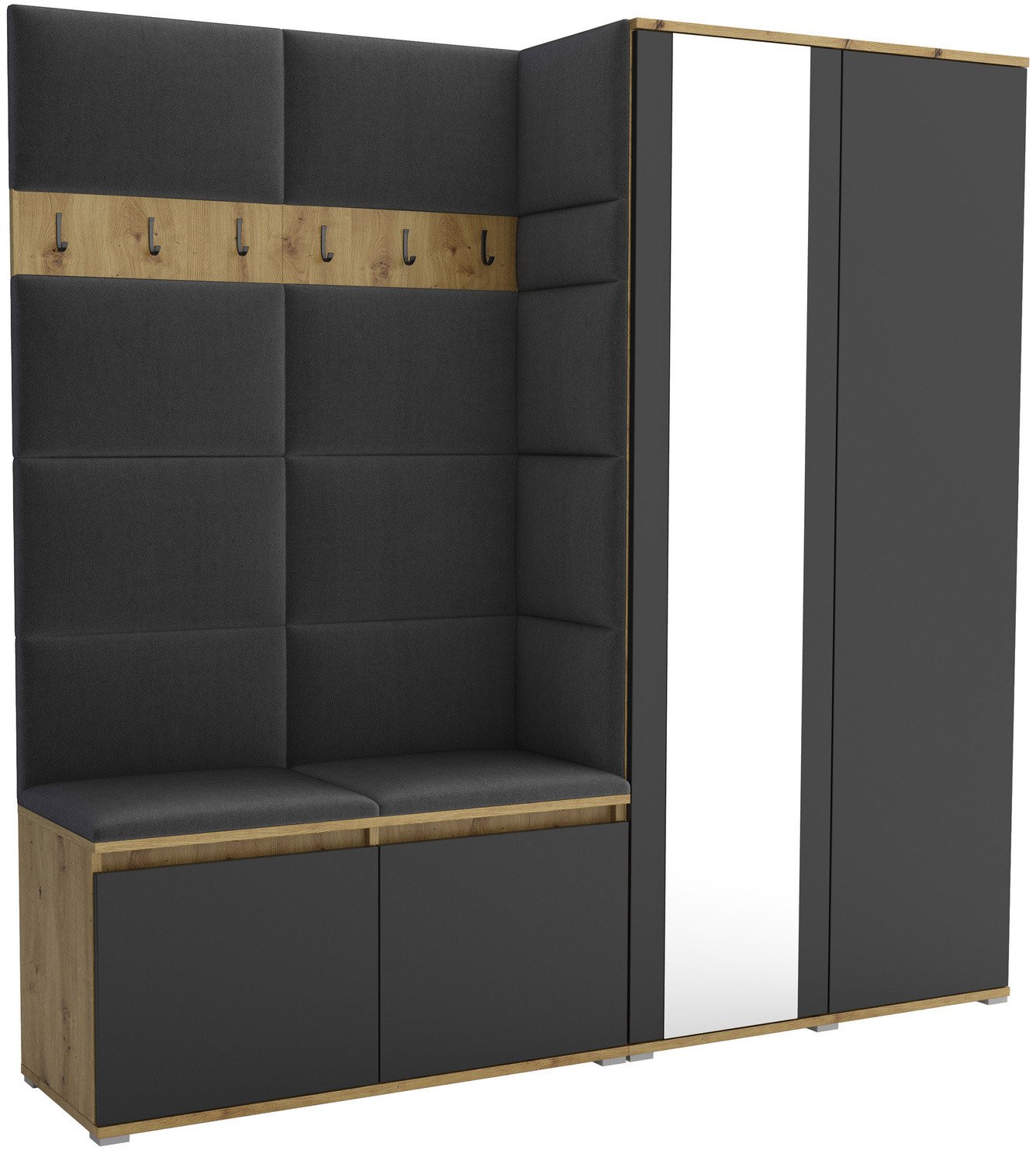 Tapicerowana garderoba Noris IV z lustrem - kolor artisan z czarnym frontem + tkanina Trinity 15