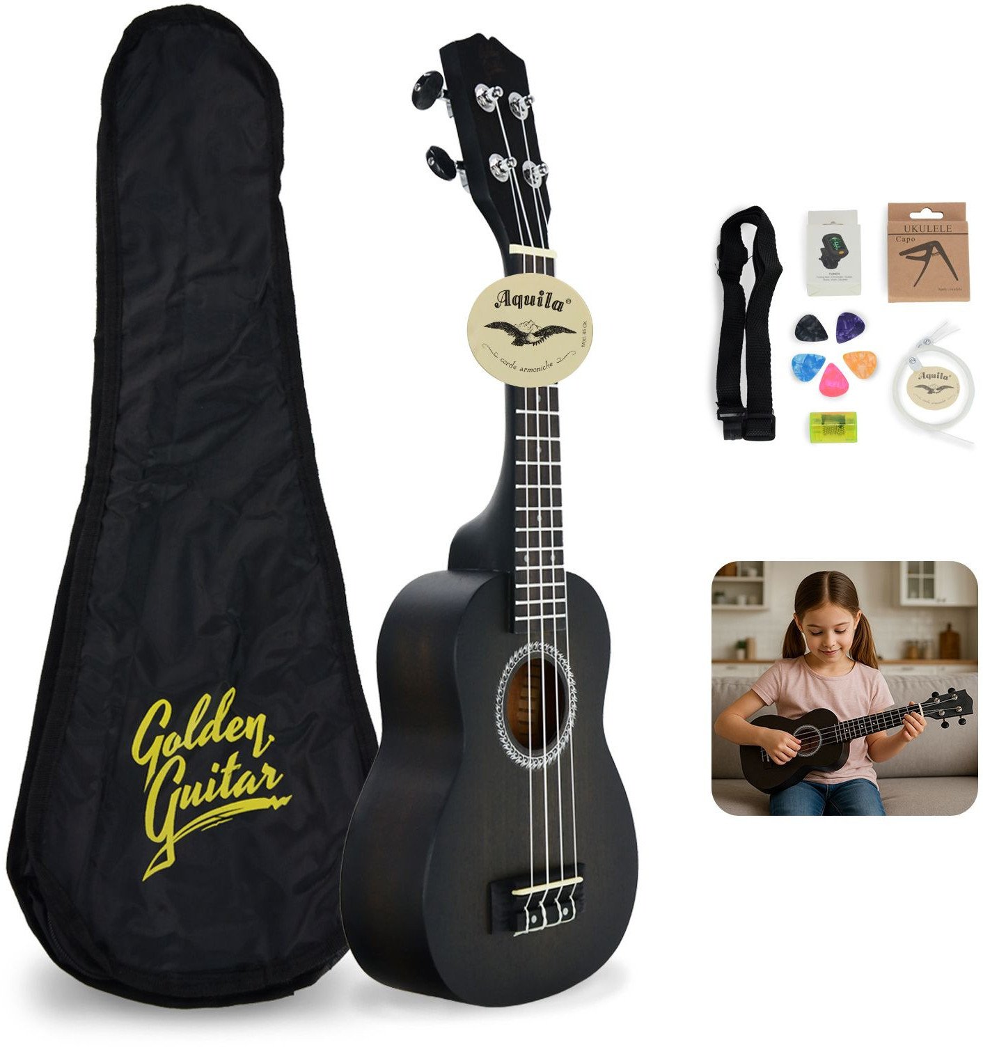Zestaw: Ukulele sopranowe 21" HRF21 czarne+ akcesoria Golden Guitar one size