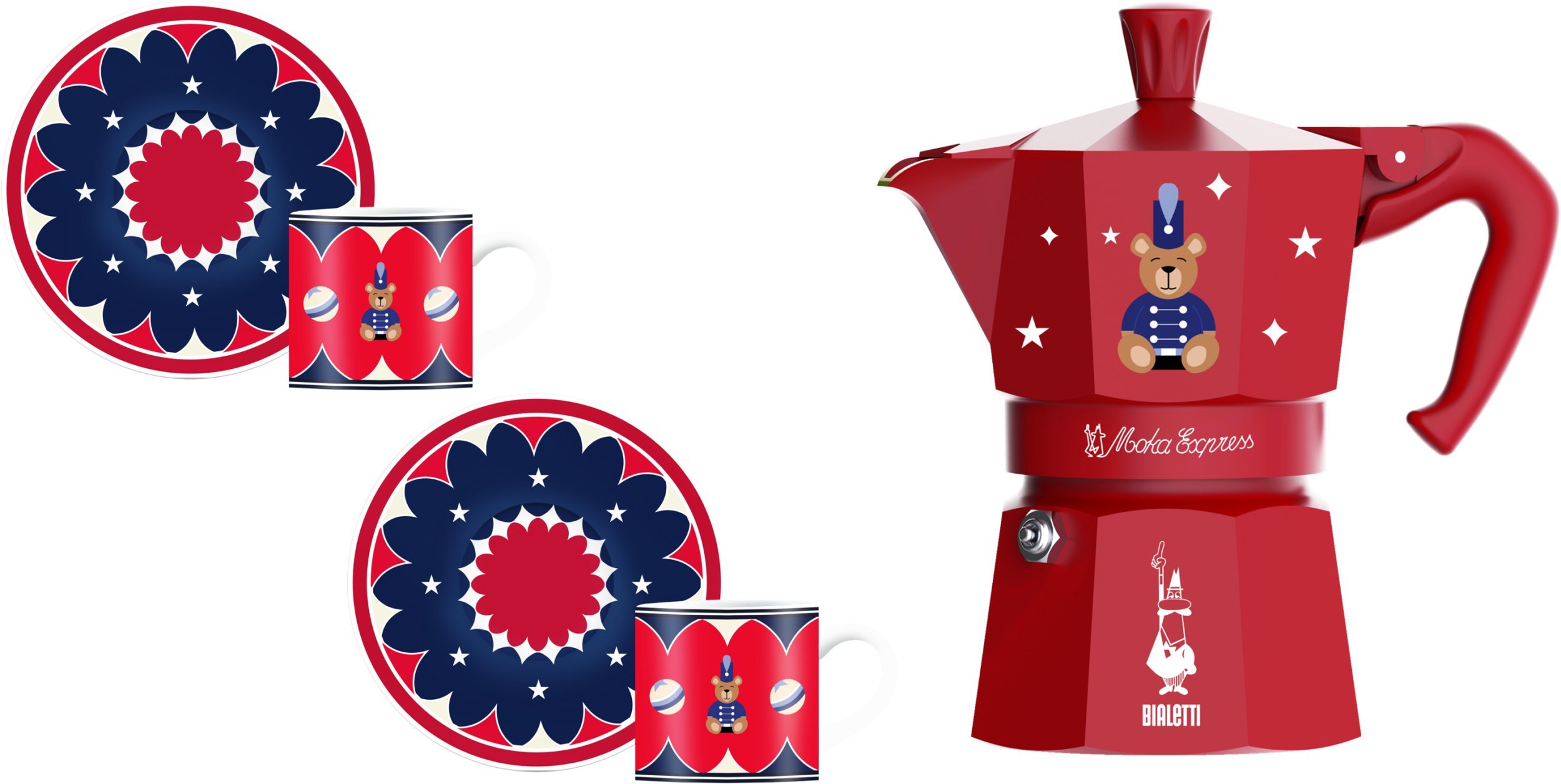 Bialetti - zestaw Joyful Christmas kawiarka Moka Express 3tz czerwona + 2 filiżanki ze spodkami