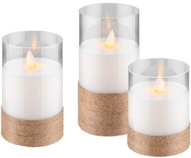 Zestaw trzech świec LED z prawdziwego wosku w słoiku, biały, owinięty konopiami