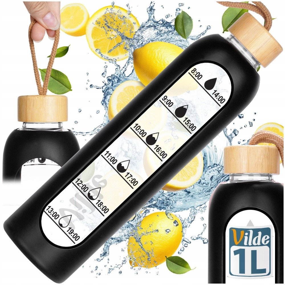 Butelka na wodę szklana z silikonowym pokrowcem czarna 1 l