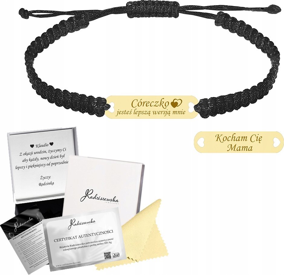 MEJK Jewellery Bransoletka Złota dla Córki Blaszka Srebro 925 Grawer Makrama Prezent