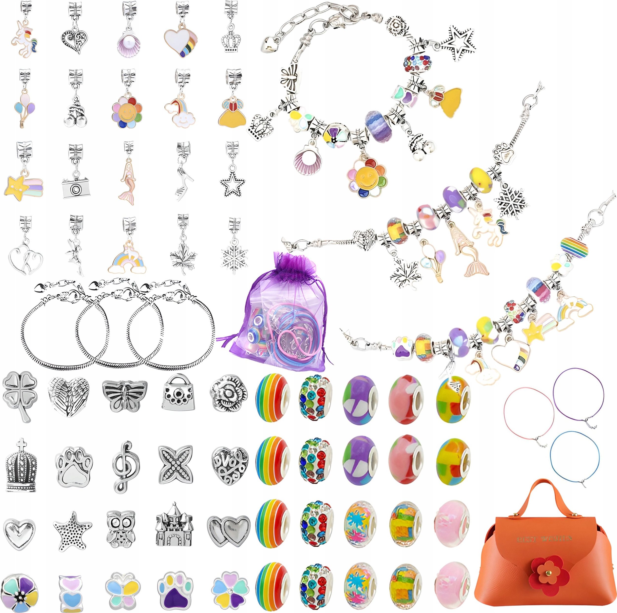 Zestaw Do Tworzenia Robienia Biżuterii, Bransoletek, Charmsy, Zawieszki, Koraliki 66el. KOLOROWY MIX + Kosmetyczka