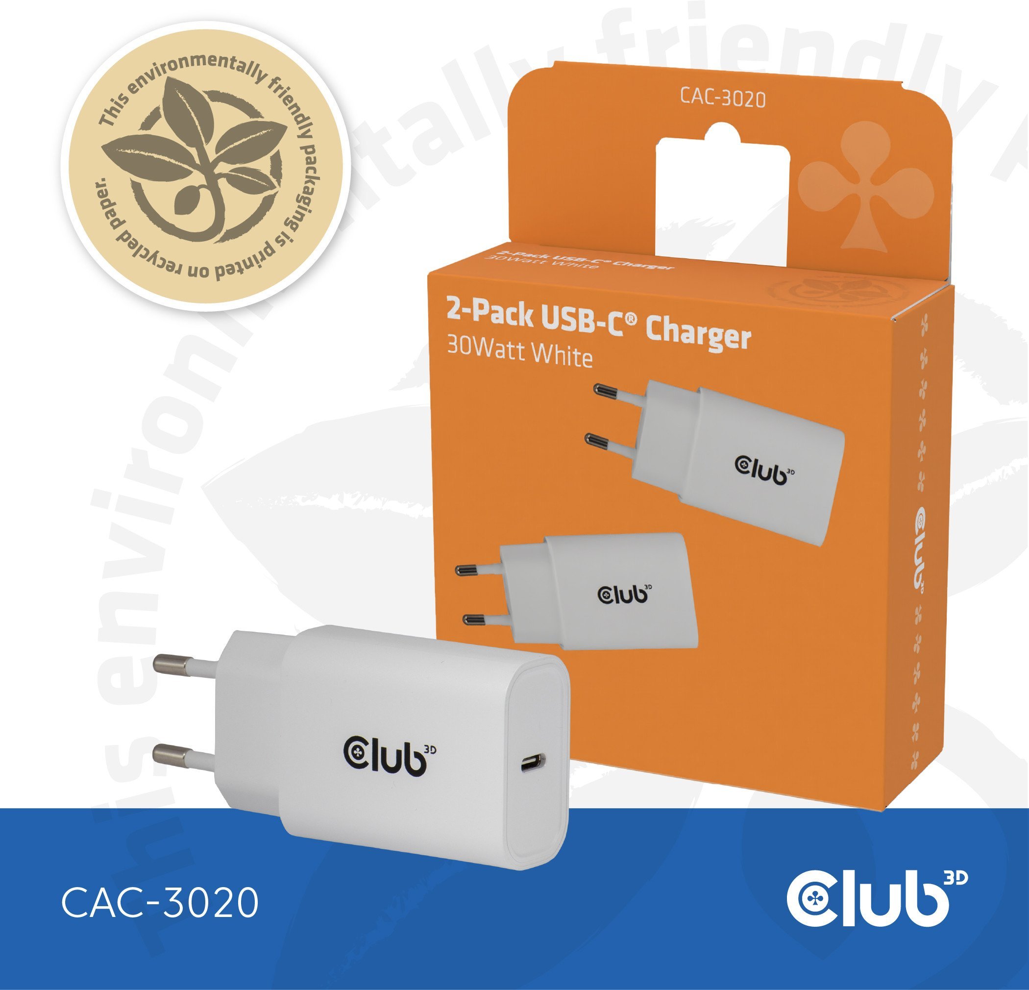 Club3D Lifestyle Ladegerät USB-C 30Watt, 2Stk weiß retail