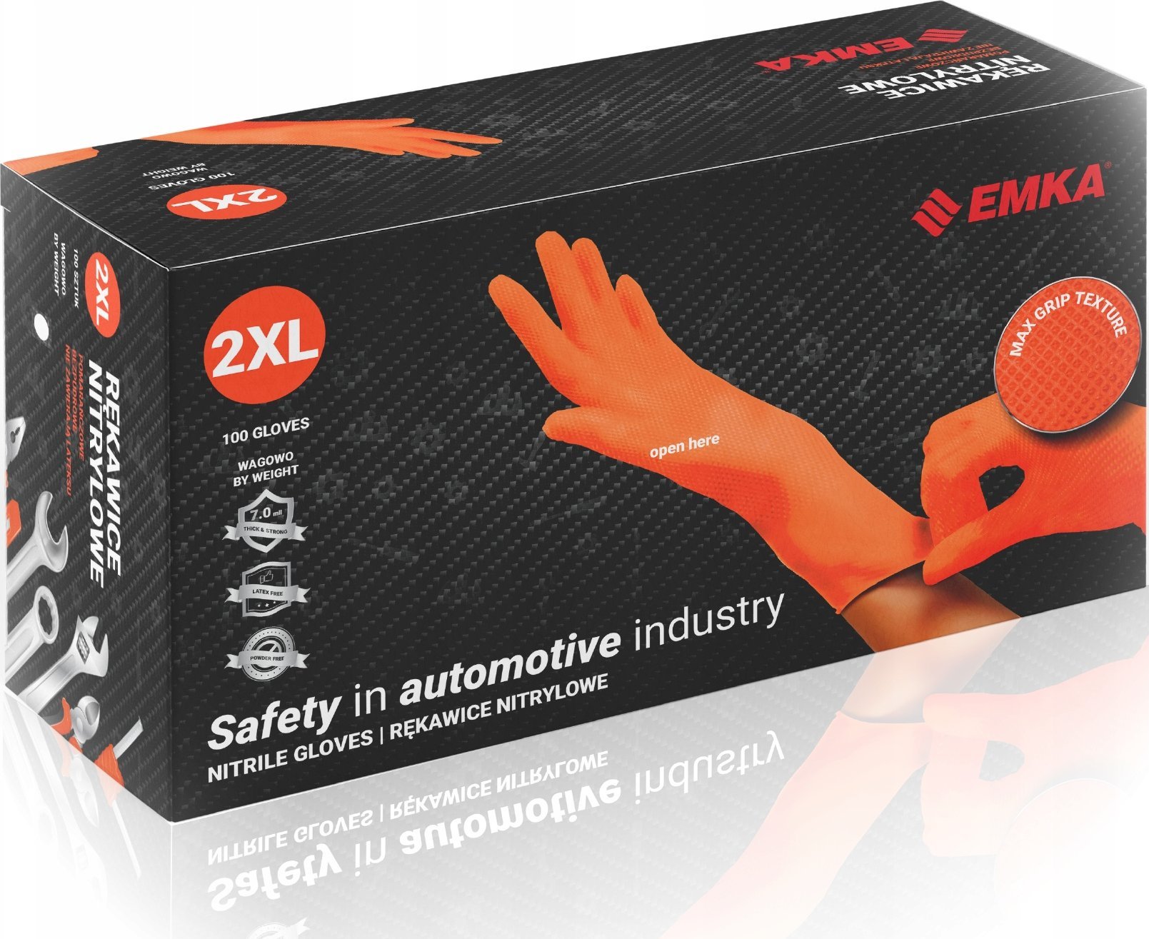 Rękawice nitrylowe bezpudrowe EMKA 7.0, 90 szt., rozmiar XXL, pomarańczowe