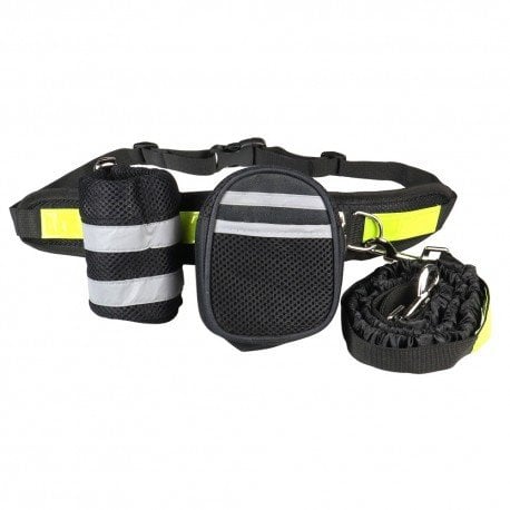 Pas biodrowy do biegania z amortyzowaną smyczą, czarny, M, pasek dł. 80-104cm, saszetka (10x5x13cm), smycz dł.145-200 cm