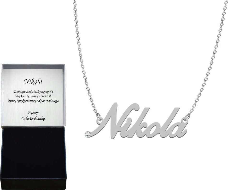 Radziszewska Jewellery Naszyjnik Srebrny z imieniem Nikola 925 cyrkonia DEDYKACJA GRATIS