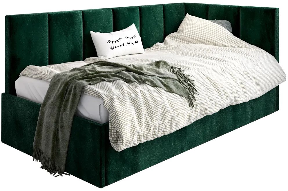 Łóżko młodzieżowe AURA 100x200 zielone z tapicerowanym panelem L i pojemnikiem na pościel MKPOL