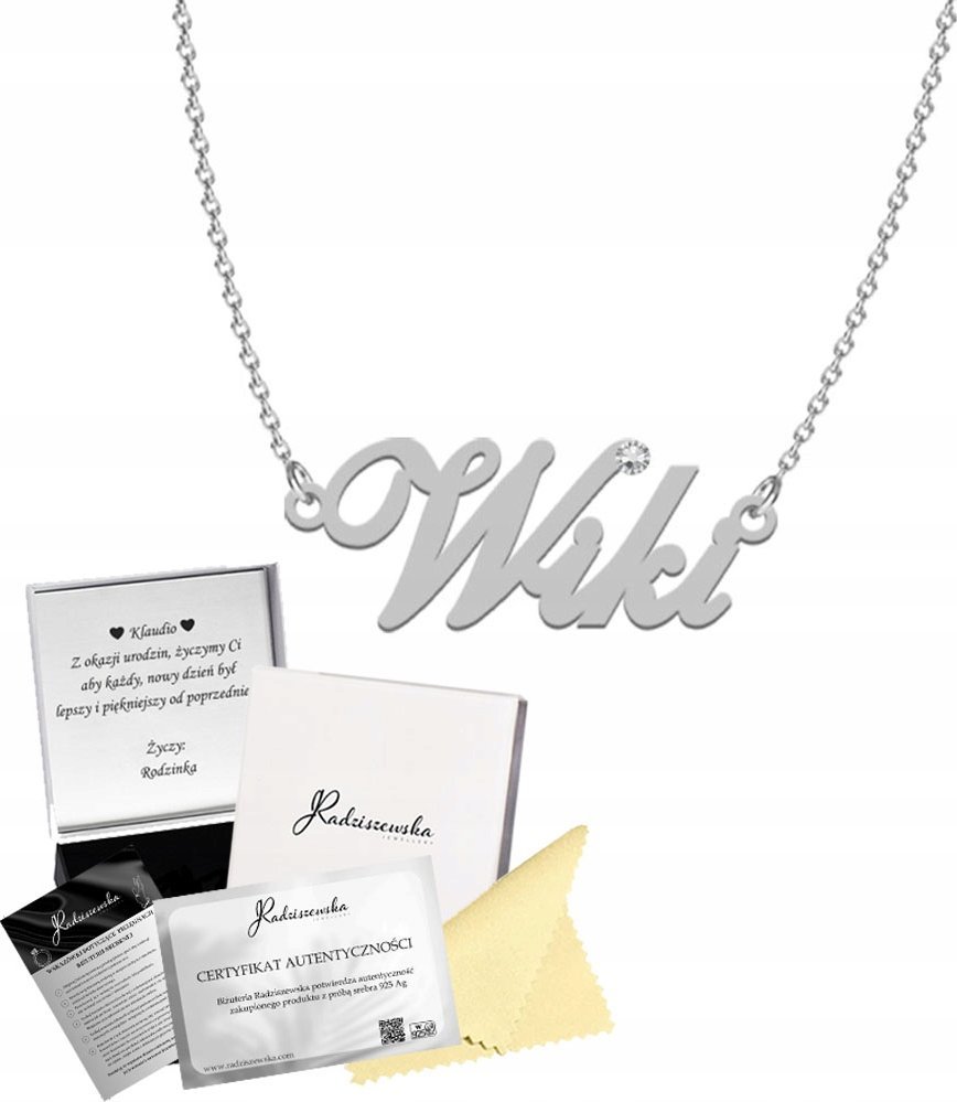 Radziszewska Jewellery Naszyjnik Srebrny z imieniem WIKI Łańcuszek 925 Prezent TABLICZKA GRATIS