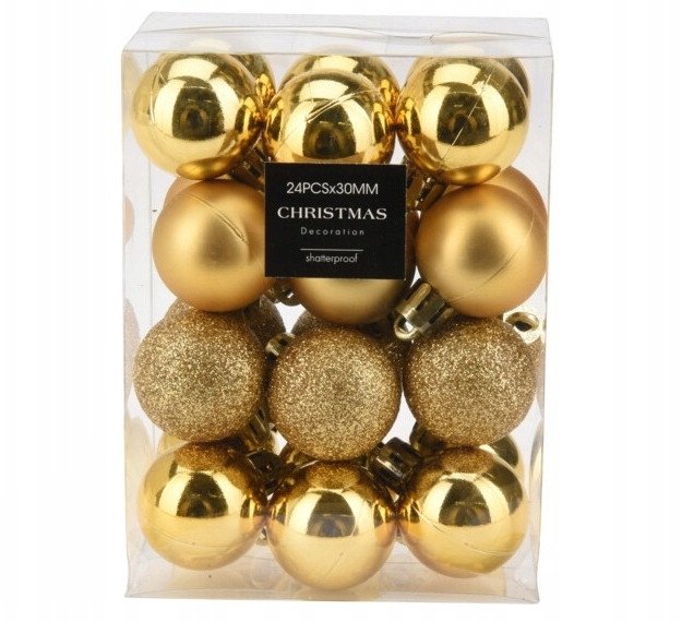 Zestaw 24 bombek choinkowych plastikowe złote 3cm