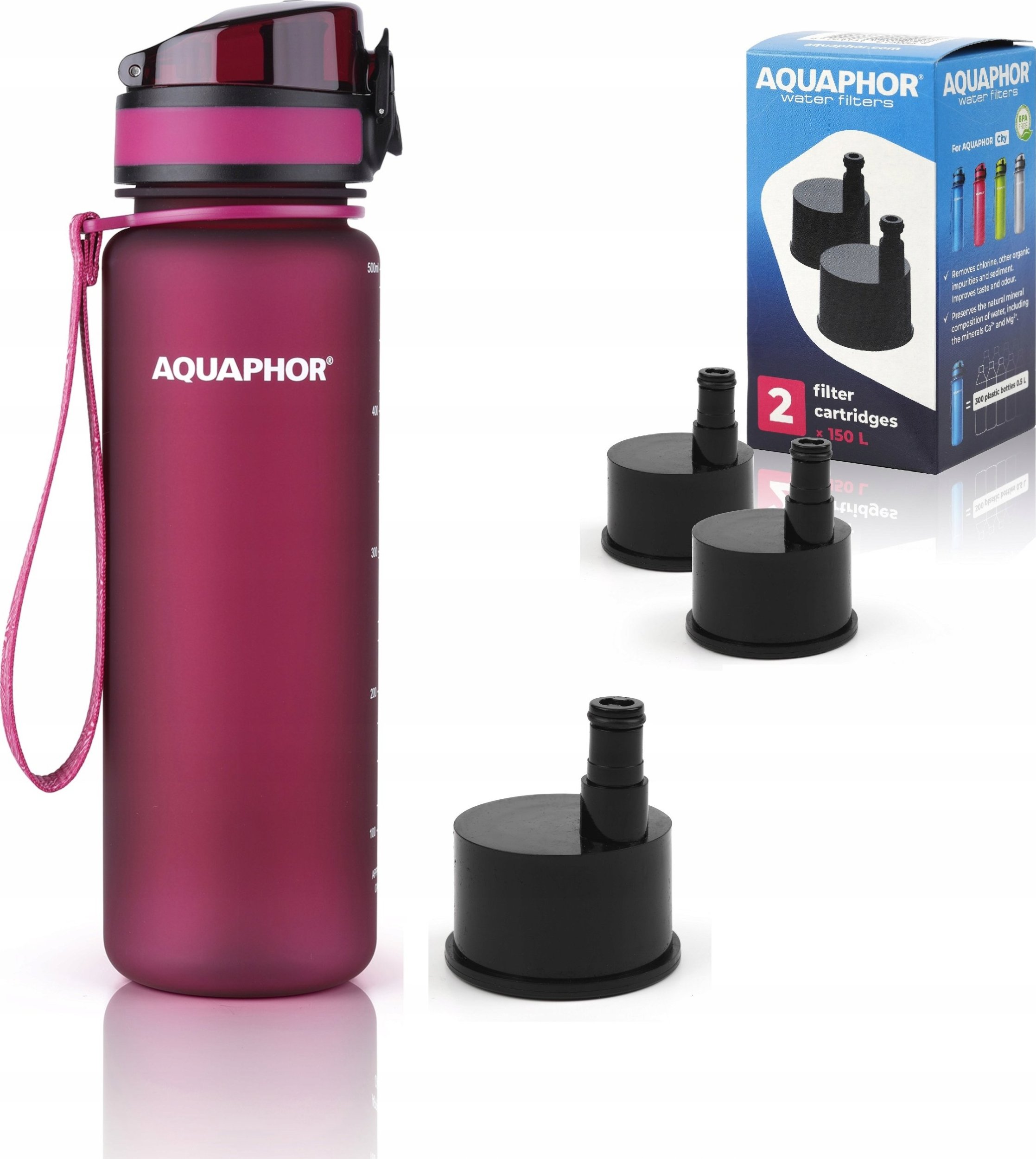 Butelka filtrująca Aquaphor City 500 ml + 3 filtry, bordowa