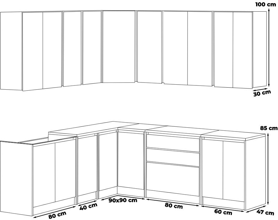 Kuchnia Bella Narożna Duża Z Blatem Nowoczesna 4.4m Szary Dąb Wotan Biały