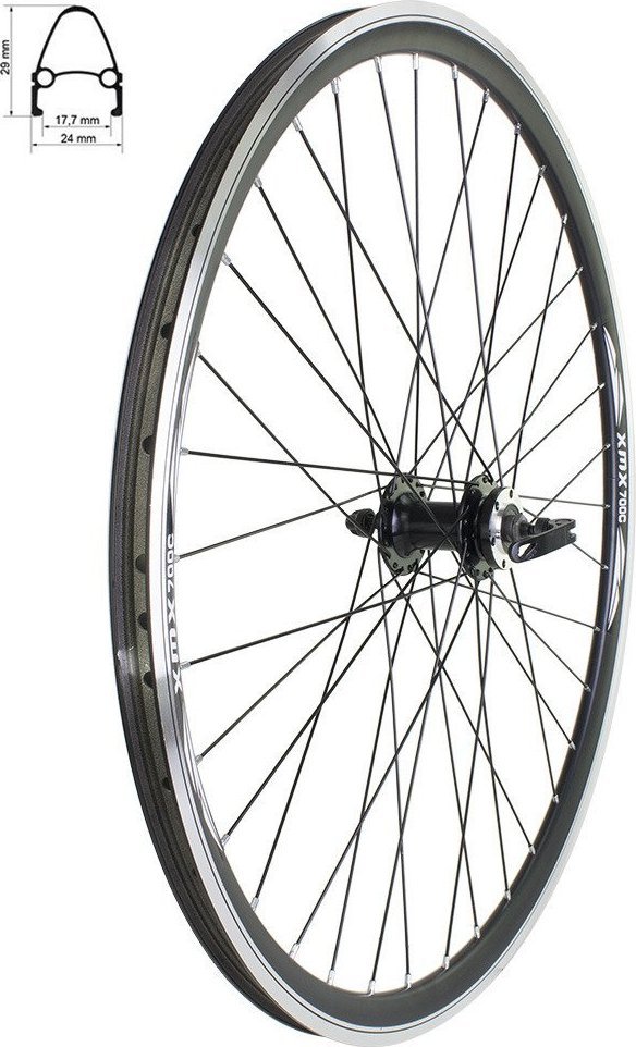 XMX Koło przód 28" piasta na łożyskach maszynowych SF-B07 QR czarna pod hamulec tarczowy na 6 śrub, obręcz stożek, szprychy czarne Uniwersalny