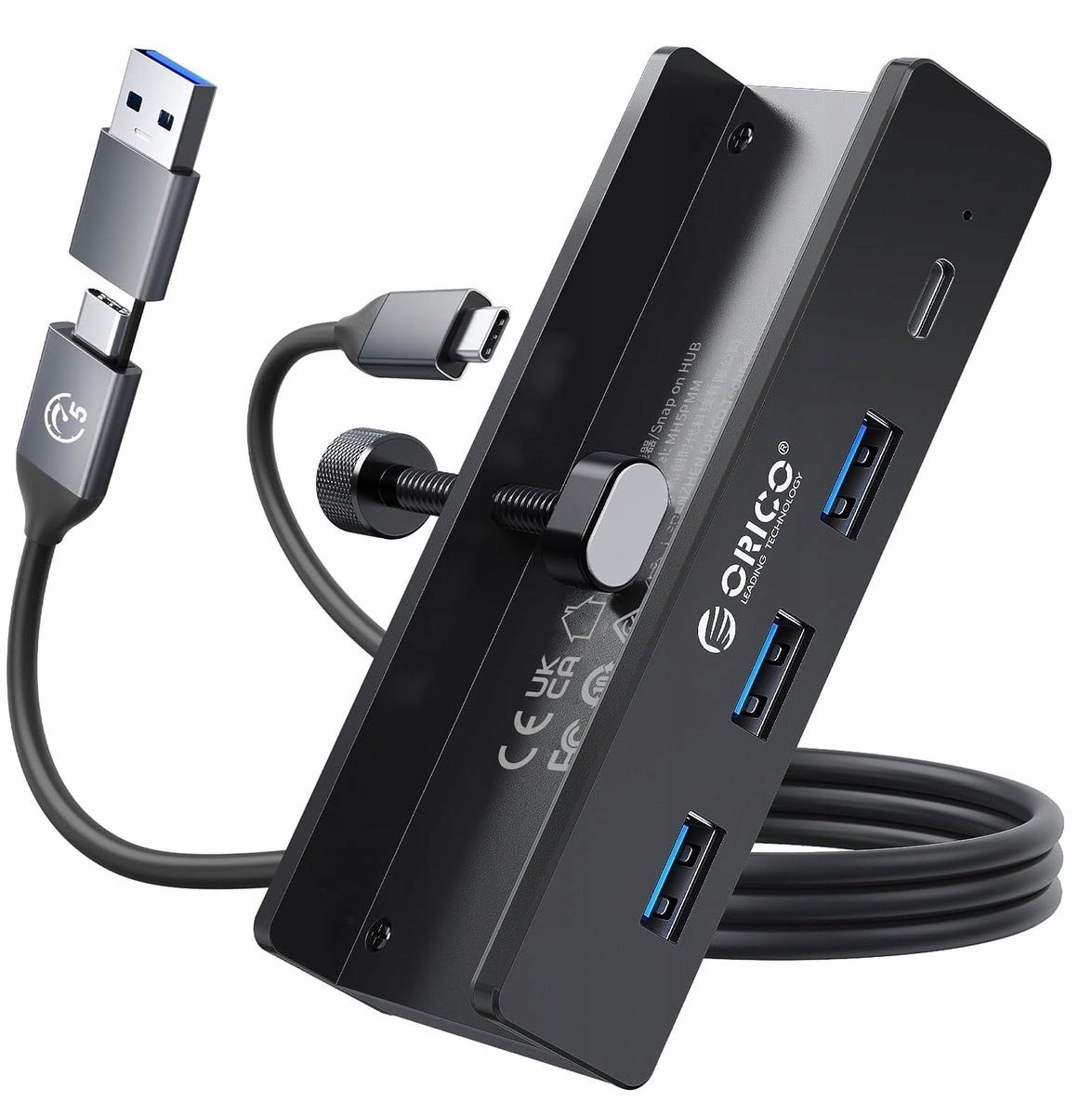 Orico Aktywny hub USB-C 5Gbps, 15W, przykręcany, 3x USB-A, USB-C, czarny