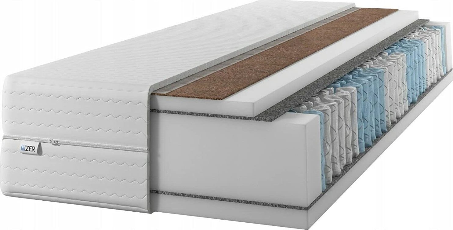 IZER Materac 135x190 |Dwustronny H3 i H4 | KOKOS | 7 stref | Rdzeń ze sprężyn kieszeniowych | Pikowany pokrowiec | Materac sprężynowy