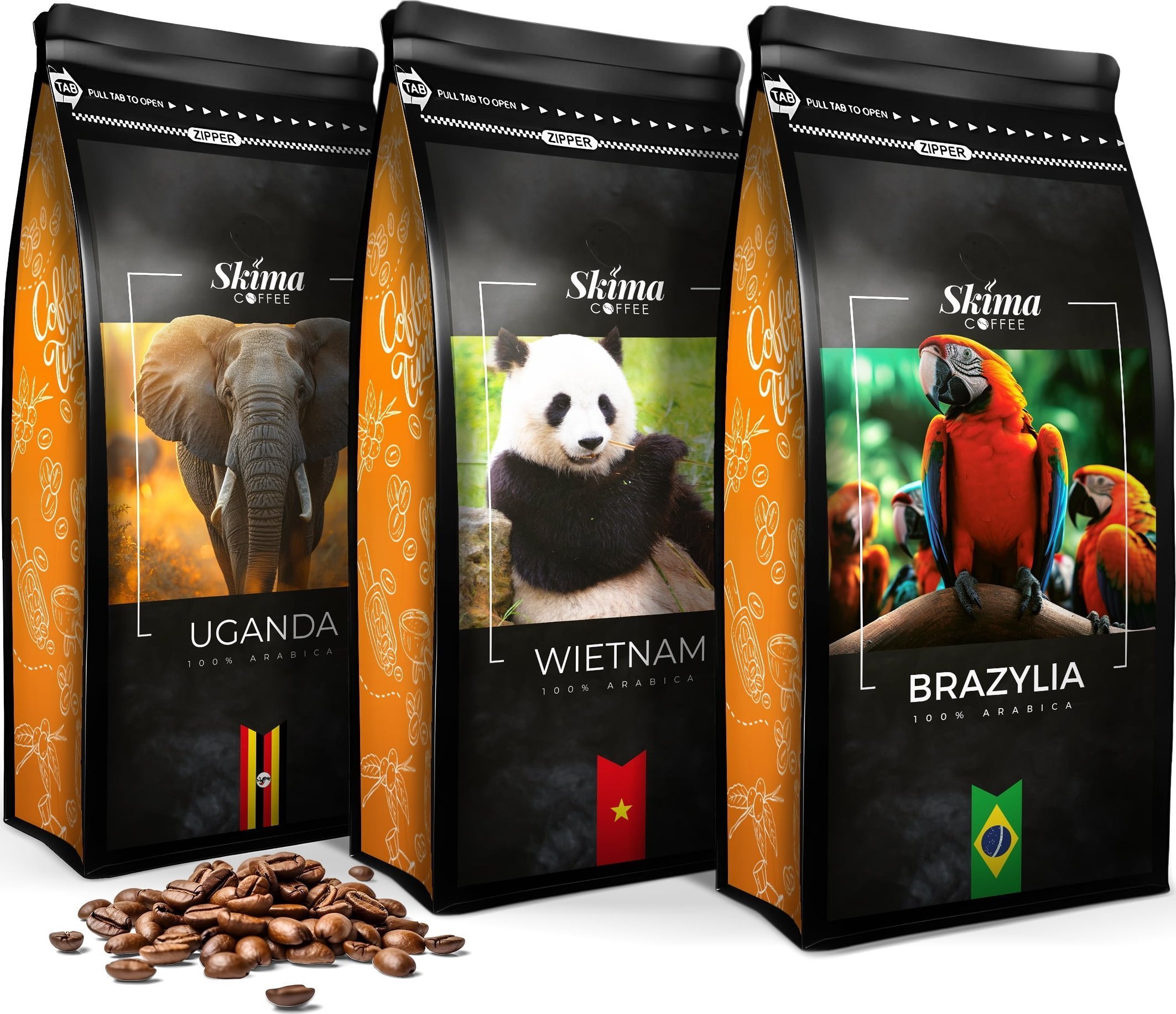 Kawa ziarnista SkimaCoffee Zestaw Kawa ziarnista 1kgX3 BRAZYLIA/WIETNAM/UGANDA Świeżo Palona do ekspresu