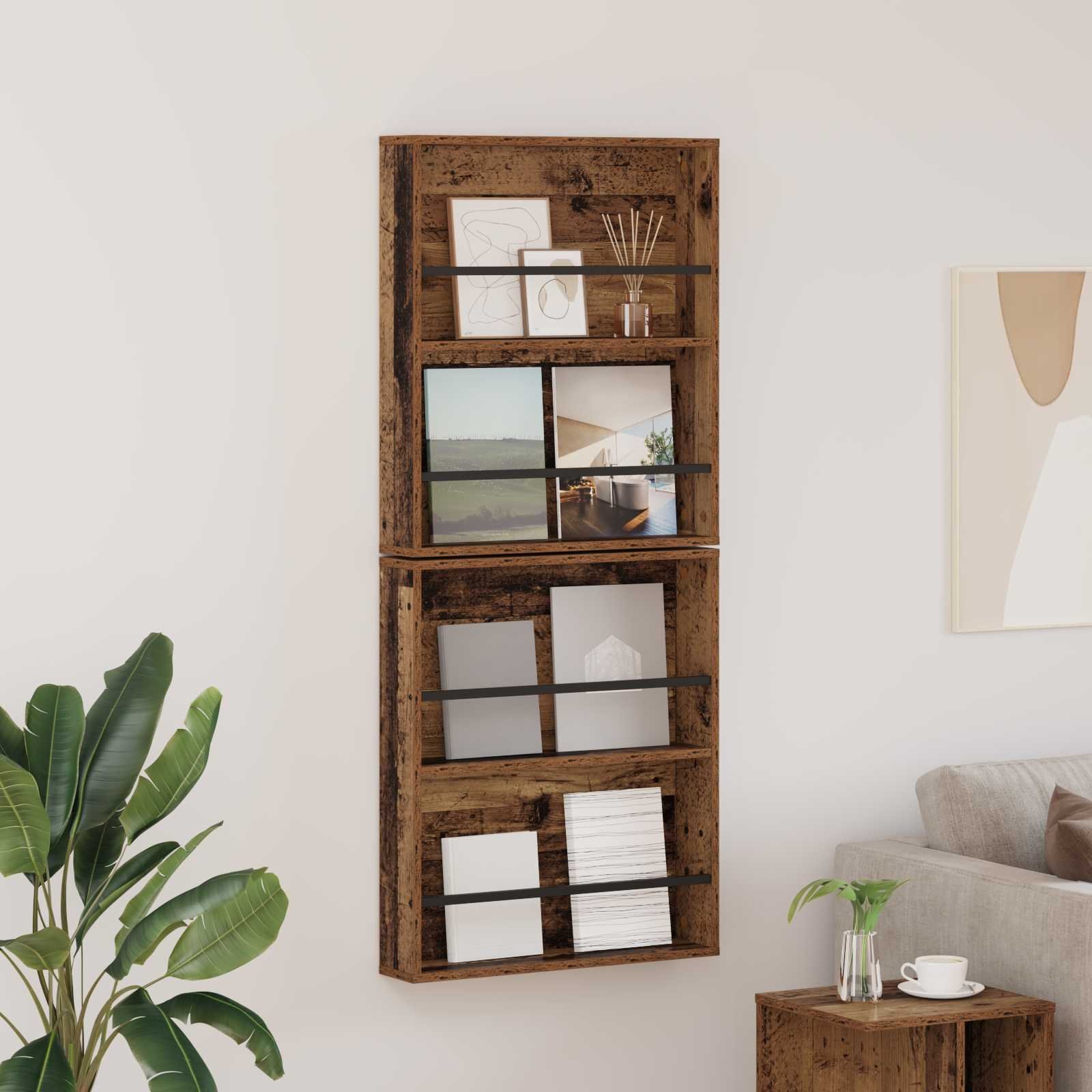 vidaXL Regał na gazety z półką 2 pcs Stary drewniany 60 x 12 x 70 cm