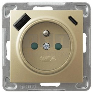 GP-1YZPUSBAC/m/28 IMPRESJA Gniazdo pojedyncze z uziemieniem z przesłonami torów prądowych, z ładowarką USB A+C złoty metalik GP-1YZPUSBAC/m/28