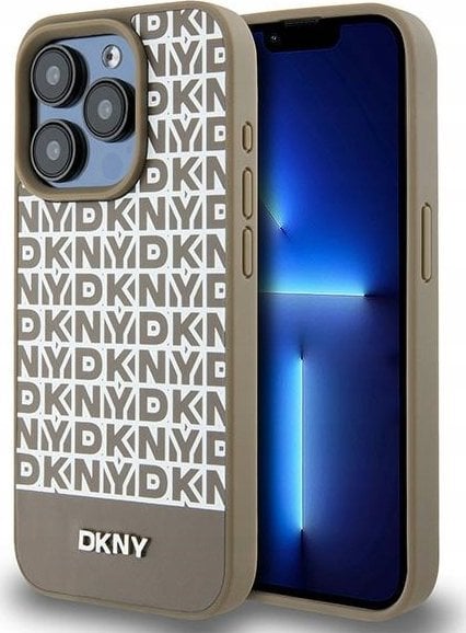 DKNY DKHMP15LPSOSPW iPhone 15 Pro 6.1" brązowy/brown hardcase Leather Printed Pattern Metal Logo MagSafe