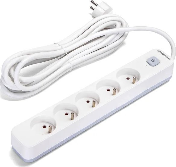Aigostar Francuski przedłużacz 5-gniazdowy z wyłącznikiem biało-szary 5m Francuski przedłużacz 5-gniazdowy z wyłącznikiem biało-szary 5m