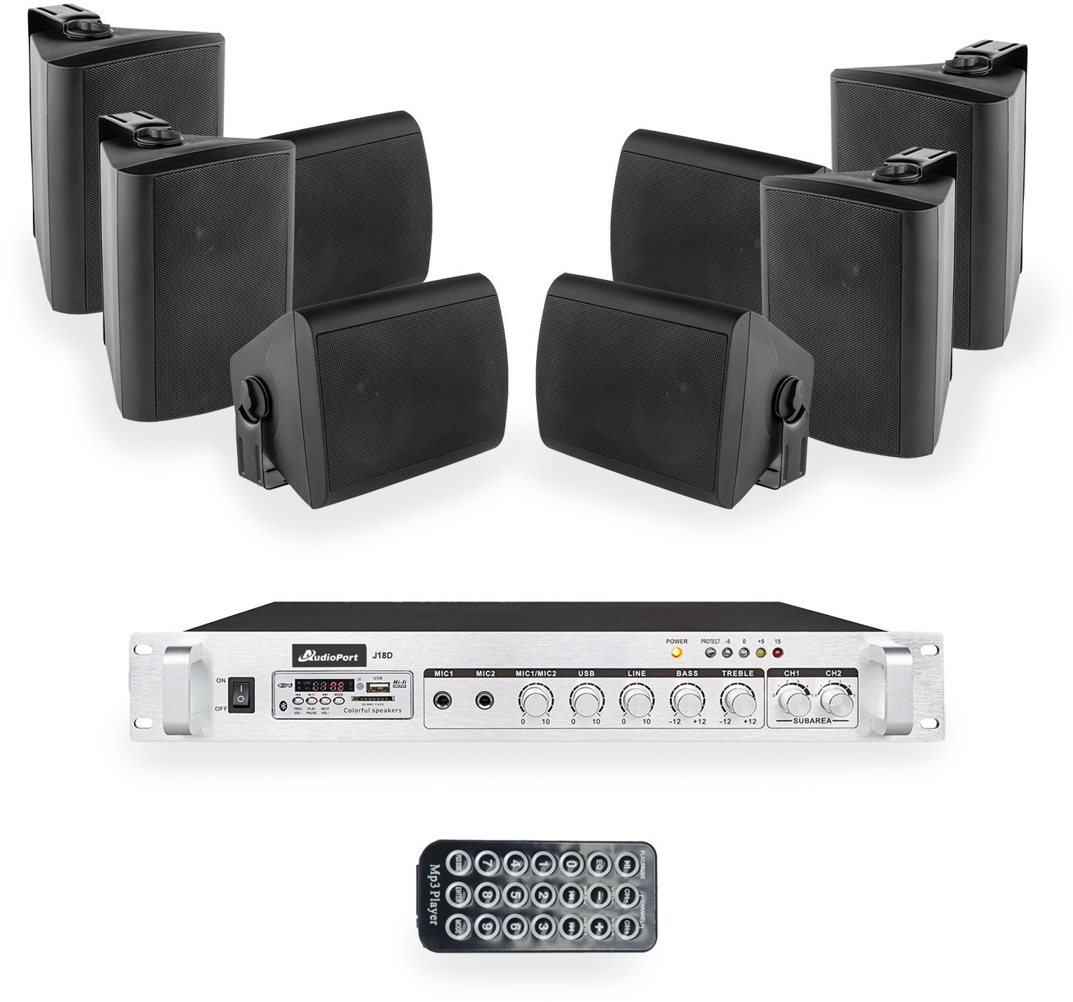 Zestaw czarnych głośników naściennych 8x 4'' ze wzmacniaczem one size