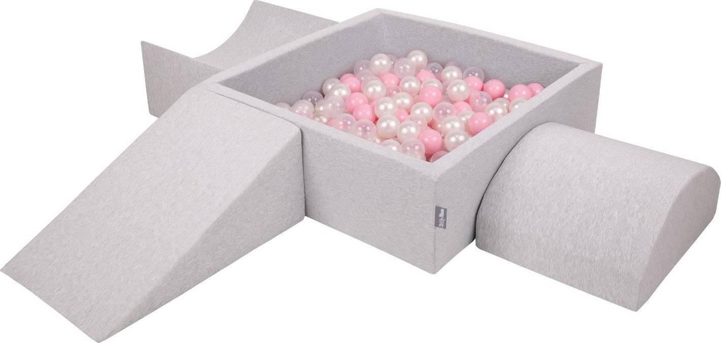 KiddyMoon Piankowy plac zabaw PPZP-KW30D-114 z piłeczkami jasnoszary: pudrowy róż-perła-transparent basen 200/klin L/rampa L/półwałek L Zabawka plac z