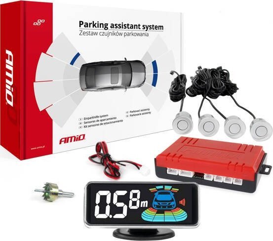 AMiO Czujniki parkowania cofania srebrne LED 3D AMIO-03187