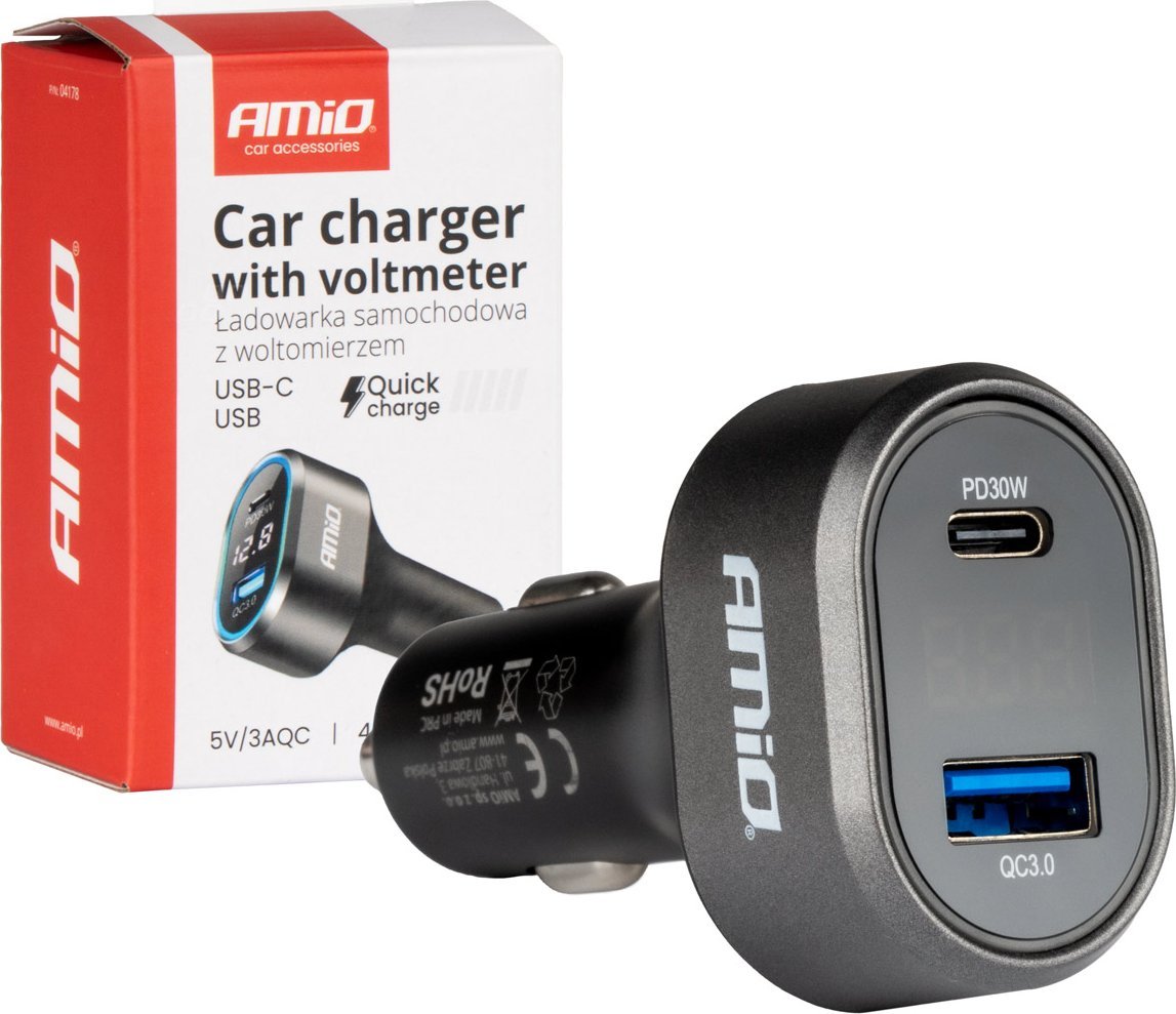 Ładowarka AMiO Szybka ładowarka samochodowa z woltomierzem 48w pd30w qc3.0 usb-a usb-c amio-04178