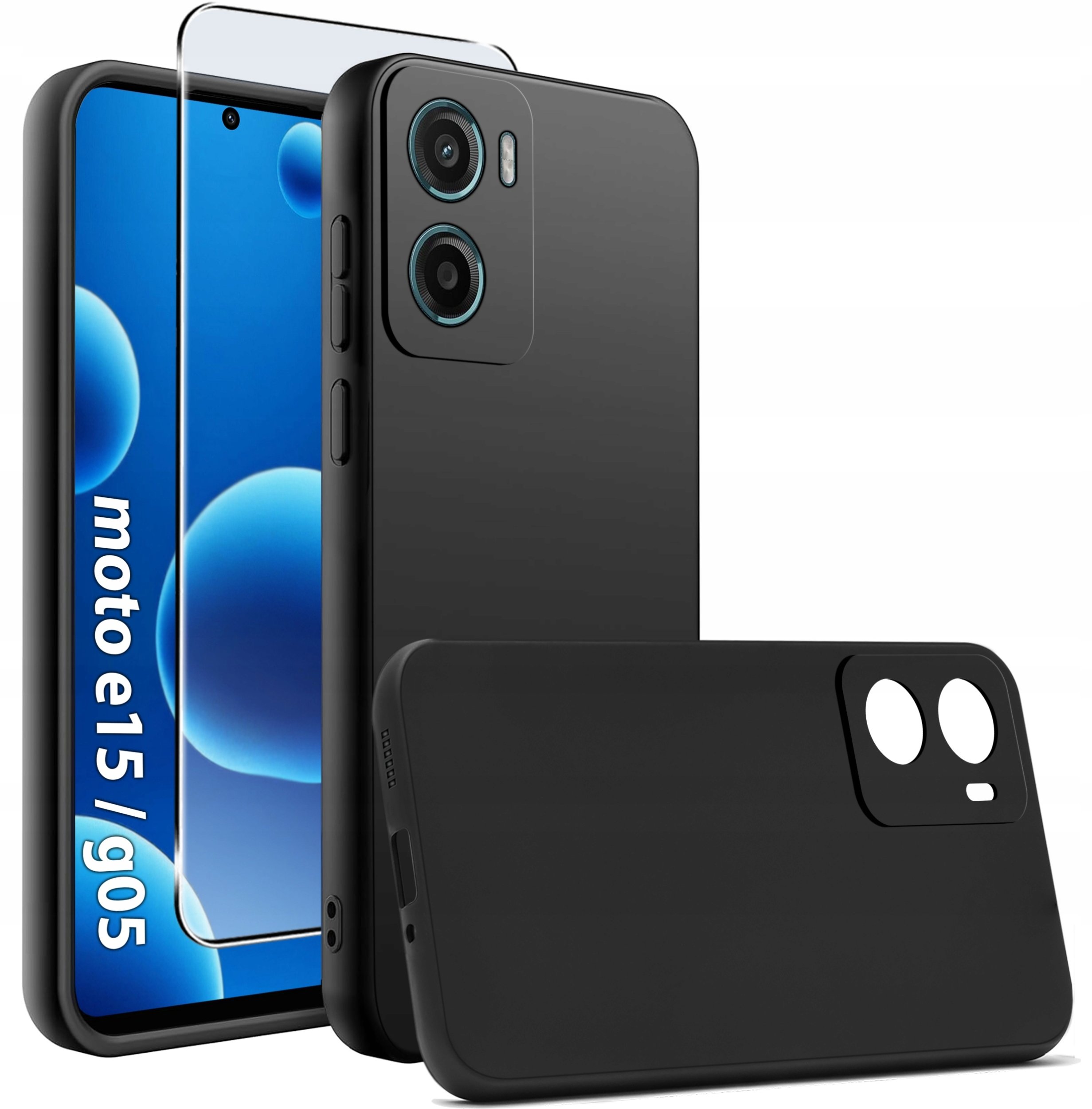 krainaGSM Etui Czarny Matowy Silikon Slim do Motorola E15 | G05 + SZKŁO 9H