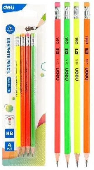 Ołówek neonowy HB z gumką 4szt DELI EDUKAMP