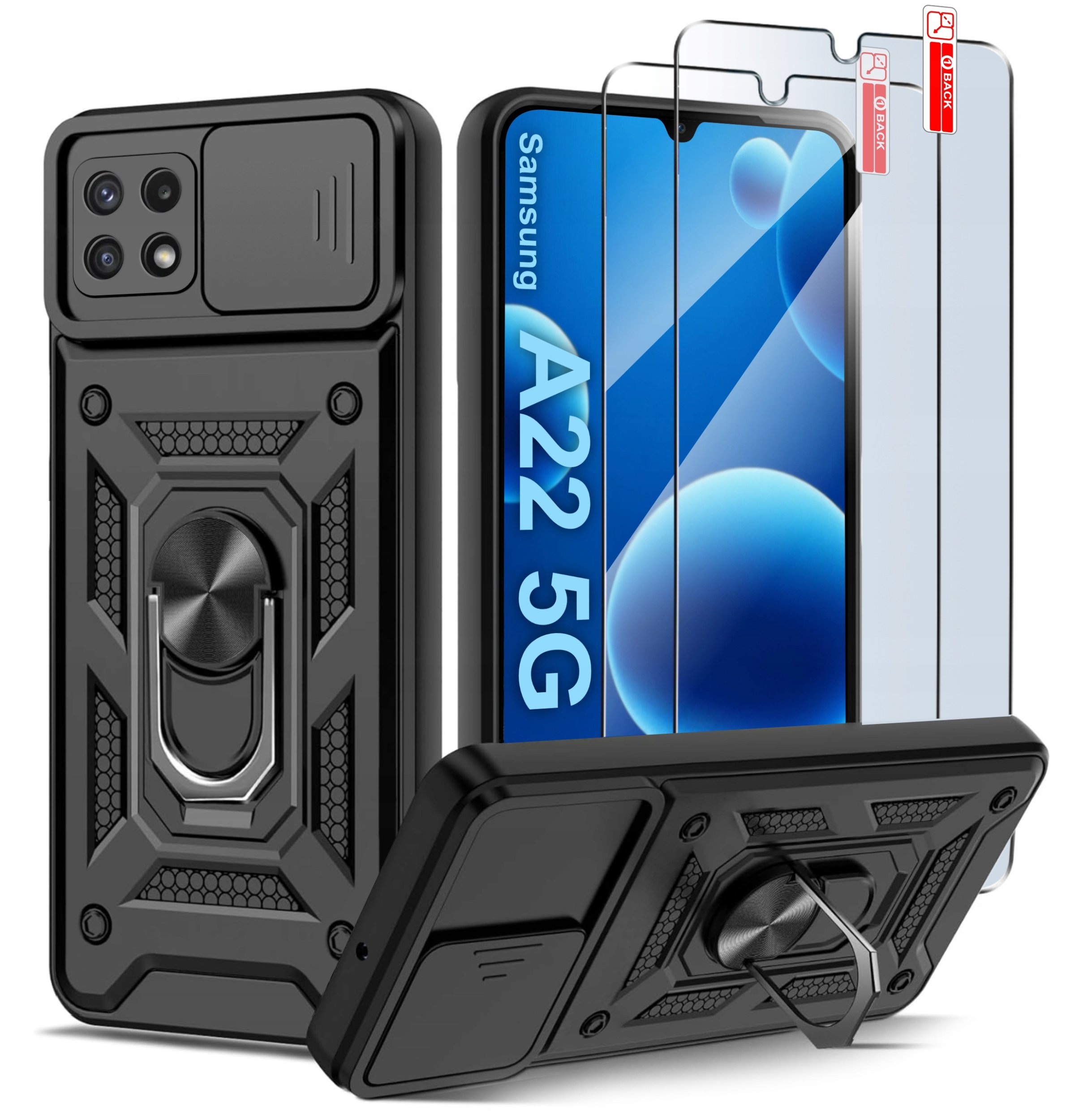 Etui Pancerne CZARNE SLIDE do Samsung A22 5G WZMACNIANE + 2x Szkło 9H