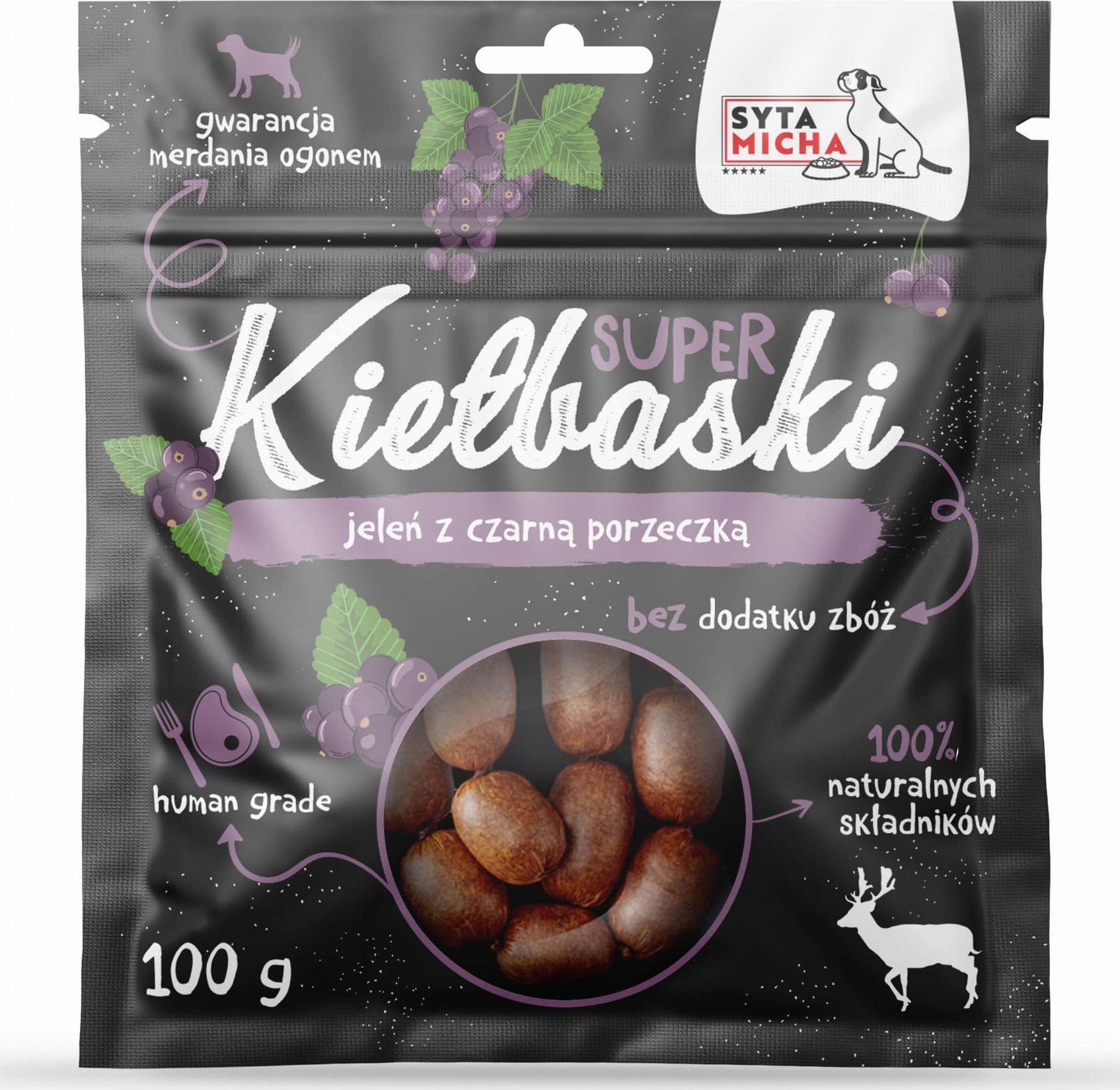 Syta Micha Syta Micha Super kiełbaski dla psa Jeleniem i czarną porzeczką 100g