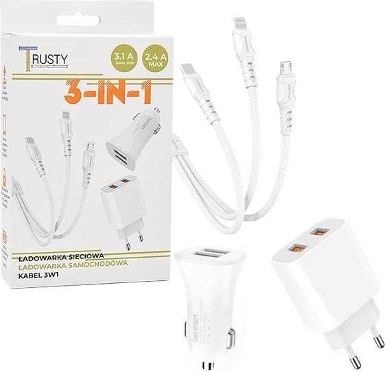 Ładowarka Vega ŁADOWARKA SIECIOWA 2.4A + KABEL USB 3W1 + ŁADOWARKA SAMOCHODOWA 3,1A BIAŁA TRUSTY TR-CH01>